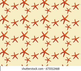Red starfishes on yellow background. Seamless pattern. Vector image.