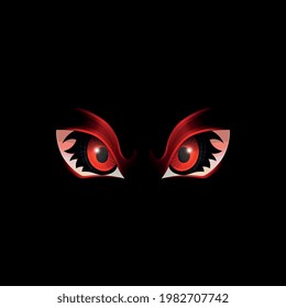 Red staring and glowing fantasy evil or monster eyes, realistic vector illustration isolated on black background. Spooky scary fantasy animal eyeball element design.