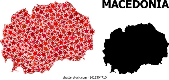 Red starred mosaic and solid map of Macedonia. Vector geographic map of Macedonia in red color hues. Abstract mosaic is organized from scattered flat star parts.