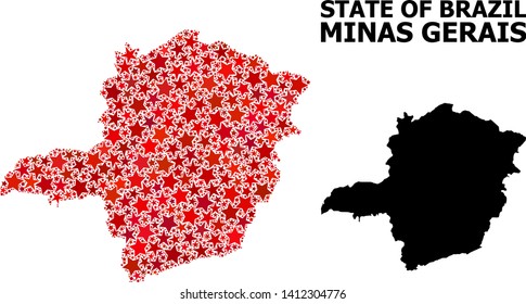 Red starred mosaic and solid map of Minas Gerais State. Vector geographic map of Minas Gerais State in red color hues. Abstract mosaic is created with randomized flat star elements.