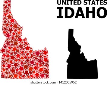 Red starred mosaic and solid map of Idaho State. Vector geographic map of Idaho State in red color tints. Abstract mosaic is created from randomized flat star items.