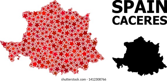 Red starred mosaic and solid map of Caceres Province. Vector geographic map of Caceres Province in red color tones. Abstract mosaic is constructed from scattered flat star elements.