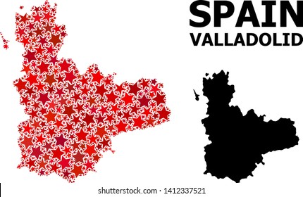 Red starred mosaic and solid map of Valladolid Province. Vector geographic map of Valladolid Province in red color tones. Abstract mosaic is created from randomized flat star parts.