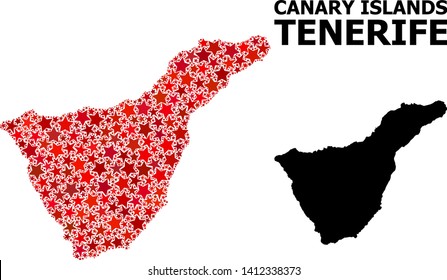 Red starred mosaic and solid map of Tenerife Island. Vector geographic map of Tenerife Island in red color tinges. Abstract mosaic is created with randomized flat star elements.