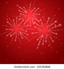 Red starry background with shiny fireworks, illustration.