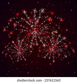 Red starry sky and shiny fireworks, illustration.