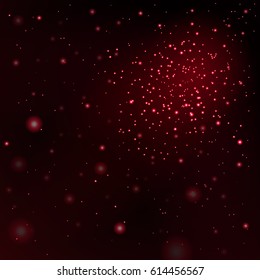 Red stars black night sky background. Abstract bokeh glowing space design. Starry milky way. Galaxy red starlight shine sparkle. Golden shiny fantasy glow in dark Vector illustration