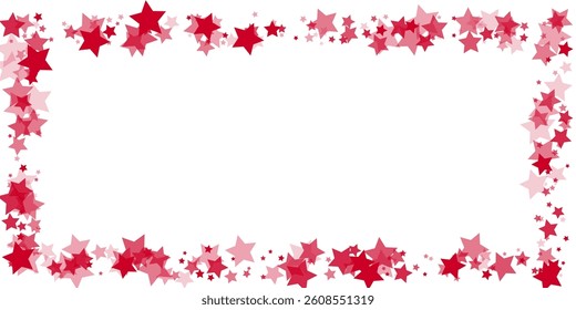 Red stars confetti decoration. Frame from falling sparklers. Design element. Special effect on transparent background.