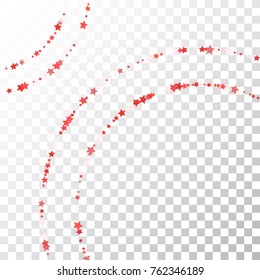 Red Stars Confetti Lines on Transparent Background. Invitation Background. Banner, Greeting Card, Christmas and New Year card, Postcard, Packaging, Textile Print. Beautiful Starry Sky