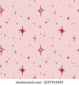 Red stars, large and small on pink background. Seamless pattern EPS vector hand drawn for festive packaging paper, textile, wrapping, fabric, design, winter holiday and scrapbooking. Outline sketch.