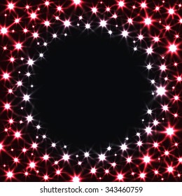 Red Stars on Dark Background. Vector Shiny Texture with Circle Place for Text.