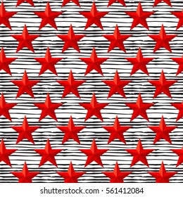 Red stars seamless pattern. Soviet stars isolated on black hand drawn lines texture background. 23 February. The Day of Defender of the Fatherland. Vector illustration