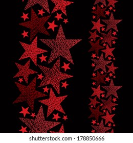 Red stars seamless pattern, vertical composition, vector repeating background with hand drawn lines textures.