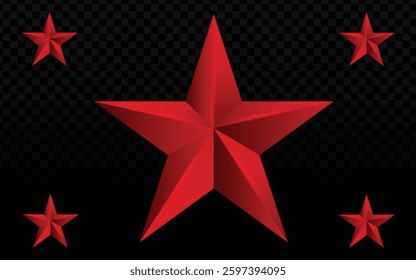 Red Stars Vector: 3D Rendering, Dark Checkered Background, Varying Sizes, Bold Design, Transparent Element, Vibrant Red, Star Pattern, Striking Illustration, Depth and Dimension.