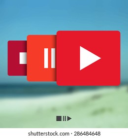  Red Start, Stop, Play Icons, Blurred Photo Background (Beach View)