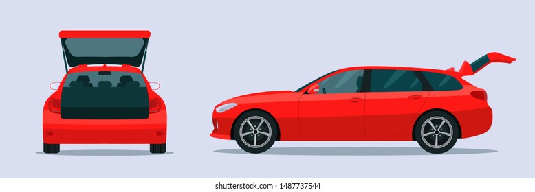 Red Station Wagon Car With Open Boot. Side And Back View. Vector Flat Style Illustration.