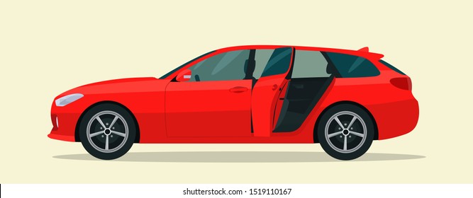 Red Station Wagon Car With Open Back Door Isolated, Side View. Vector Flat Style Illustration.