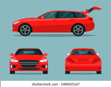 Red Station Wagon Car Set. Car With Side View, Back View And Front View. Vector Flat Style Illustration.