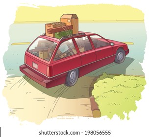 The red station wagon heavy loaded with the old boxes is making the turn. 