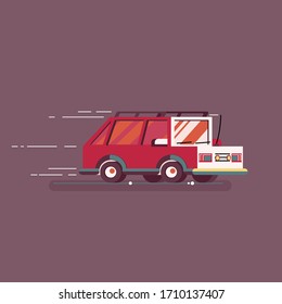 The red station wagon of the old model rushes at high speed along the road. The concept of city transport. Flat vector illustration in trendy colors for design of banners, cards, posters, flyers.