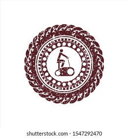 Red stationary bike icon inside distressed rubber grunge texture stamp