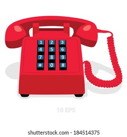 Red stationary phone with button keypad. Vector illustration.