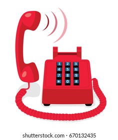 Red stationary phone with button keypad and raised handset. Vector illustration