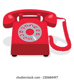 Red stationary phone with rotary dial. Vector illustration.