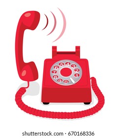 Red stationary phone with rotary dial and raised handset. Vector illustration