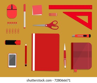 Red stationery on a yellow background. Top view of a desk. There is a smart phone, a folder, a planner, a ruler, a stationery knife, a marker and other objects in the picture. Vector illustration