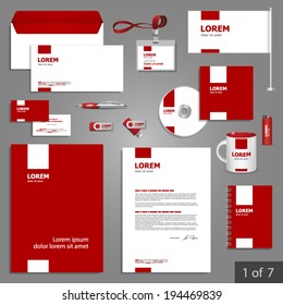 Red stationery template design with white square elements. Documentation for business.