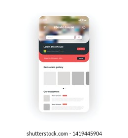 Red Steak House Restaurant menu UI, UX, GUI screen for mobile apps design. Modern responsive user interface design of mobile applications including search, find, raiting, customers elements