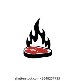 A red steak silhouette is positioned below black flames against a white background The style is simple and graphic