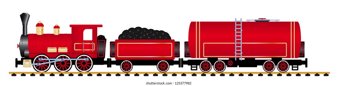 Red steam locomotive with tank wagon, vector illustration