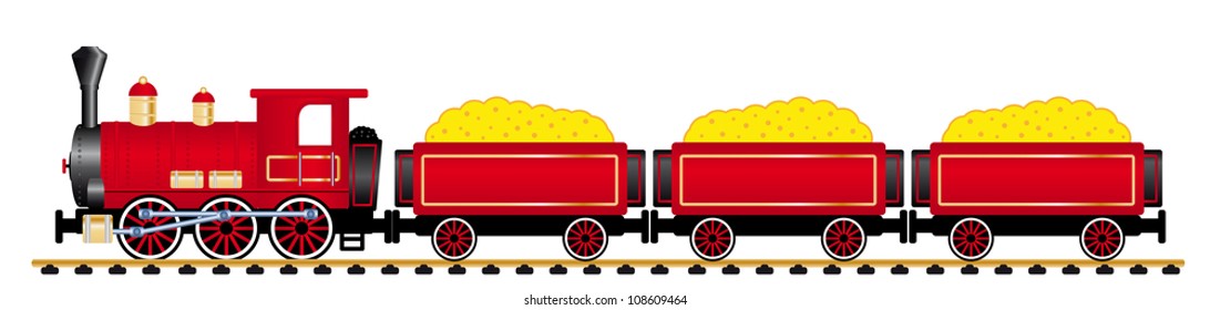 red steam locomotive with wagons, vector illustration