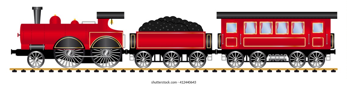 Red steam locomotive with wagons, vector illustration 