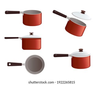 Red steel saucepan with glass lid and wooden handle cooking equipment kitchenware vector illustration on white background