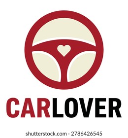 Red steering wheel with heart symbol and car lover text on white background icon