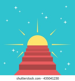 Red steps leading to sun on starry sky. Happiness, harmony, faith, heaven, paradise and dream concept. EPS 8 vector illustration, no transparency