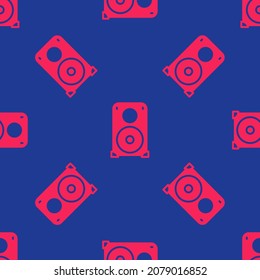 Rotes Stereo-Lautsprechersymbol einzeln auf blauem Hintergrund. Lautsprecher des Soundsystems. Musiksymbol. Bassausrüstung für Musikalspulenlautsprecher.  Vektorgrafik
