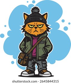 Gato de popa vermelha em roupas casuais com uma bolsa em seu ombro