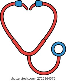 Un estetoscopio rojo con las puntas azules del oído y la pieza del pecho forman una forma de corazón contra un fondo blanco. El gráfico tiene contornos negros llamativos.