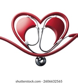 a red stethoscope forming a heart shape, symbolizing health, cardiology, and medical care on black background