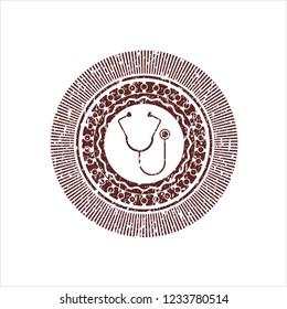 Red stethoscope icon inside rubber grunge stamp