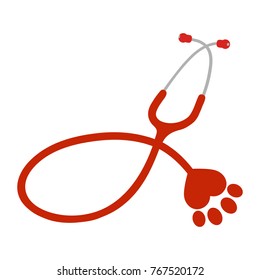 red stethoscope with paw of dog on white background