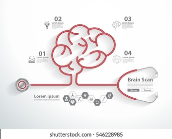 Red Stethoscope in shape of brain scan with science icons, Vector illustration modern layout template idea concept design