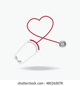 Red Stethoscope in Shape of Heart Isolated On White Background, Healthcare concept flat design style Vector illustration.