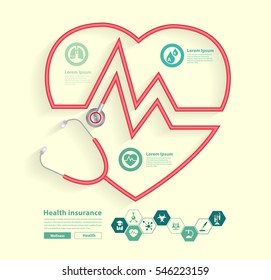 Red Stethoscope in shape of heart with science icons, Vector illustration modern layout template design