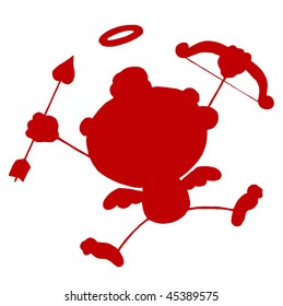 Red Stick Silhouette Cupid with Bow and Arrow Flying