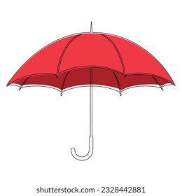 Red stick umbrella icon vector. One line continuous drawing. Doodle illustration. Hand drawn linear silhouette. Graphic design, outline print, banner, card, poster, brochure, shop logo, sign, symbol.